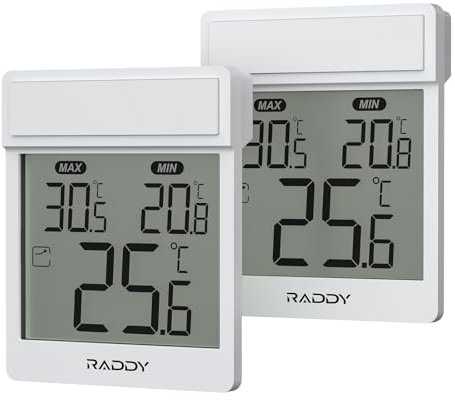 Raddy WT-1 Termometro digitale da finestra, IP44 impermeabile interno esterno con display LCD chiaro, registrazione Max/Min, montaggio adesivo, a batteria per casa serra, confezione da 2 (Bianco)