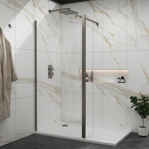 800mm Gun Metal Grey Walk in Wet Room Shower Screen with 300mm Flipper Panel 8mm Easy Clean Toughened Safety Glass with Top Support Arm