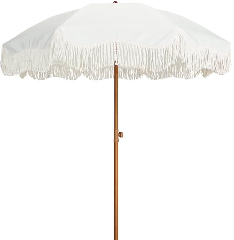 YNZUNMY Sombrilla Flecos, Sombrilla Playa Sombrilla Bohemia con Flecos for Patio al Aire Libre, 2 Metros, UPF50+, con borlas, Poste de Acero y botón de inclinación.(Antique White)