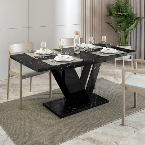 Black Extendable Dining Table, 4-6 Seater, 120-160cm, Marble Effect, DUBAI | 4ft Modern Dining Table, Seats 4-6 People, Table Only – No Chairs, Kitchen Table, Glamour Marble Effect, Space-Saving Design