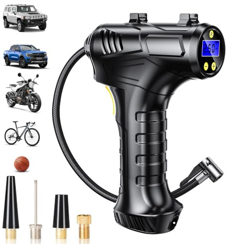Haquno Compressore d'aria portatile senza fili, 12 V, portatile, 5200 mAh, ricaricabile, 150 psi, pompa ad aria elettrica digitale per auto, con luce LED e 4 ugelli, per auto, moto, bicicletta