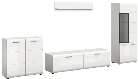 xonox.home – Wohnkombination Ice 315x160x41 cm in Front weiß Hochglanz Korpus weiß – Stilvolles Wohnwand-Set für Moderne Wohnzimmer – geräumig, elegant & funktional