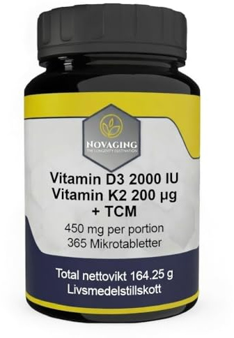 Vitamin D3 2000IE K2 MK-7 200mcg MCT 365 Tabletter Vegansk Anti-Åldrande | Fullständig årsförsörjning, exakt doserad daglig formel, testad utan GMO eller allergener. Formulerad i Frankrike. NovAging®