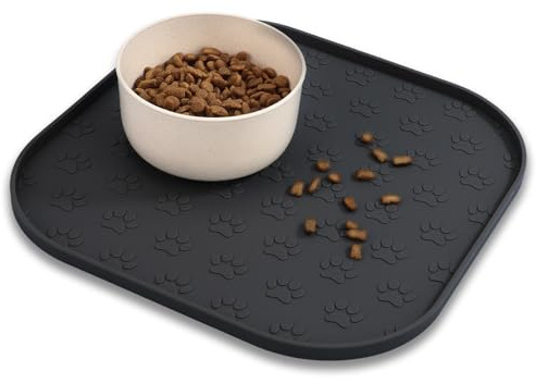 Quadratische Napfunterlage für Hund Katzen, hundenapf unterlage fressnapf Hund Futtermatten aus Silikon wasserdichte rutschfeste Fressnapf mit Rand, Spülmaschinenfest (Schwarz, 28 x 28 cm)