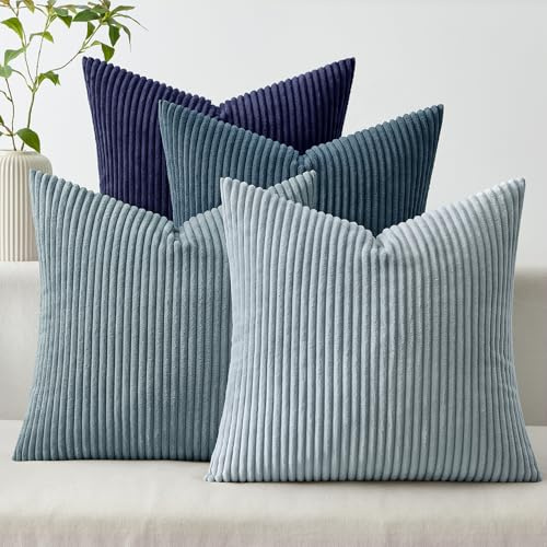 Woaboy 4er Set Kissenbezug 40x40 Kordsamt Weiche Sofakissen Dunkelblaue | Kissenbezüge Weiche Gestreiftes Sofakissen Dekokissen Zierkissenbezug für Wohnzimmer Bett Couch