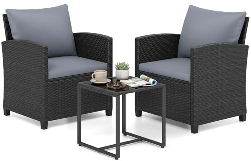 COSTWAY Ensemble Salon de Jardin 2 Personnes en Rotin PE (Noir+Gris) | Mobilier d'Extérieur avec 2 Fauteuils Table Basse Plateau en Verre Trempé Coussins Amovibles, pour Terrasse Jardin