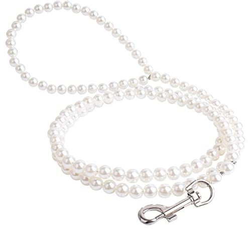 Cdycam 120cm 4ft Custom Pearls Beaded Pet Dog Cat Training Walking Leash Lead Leashes Toy,White