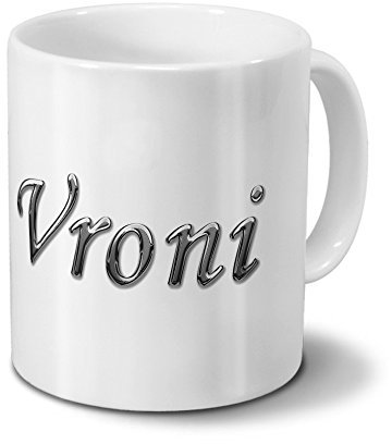 Tasse mit Namen Vroni - Motiv Chrom-Schriftzug - Namenstasse, Kaffeebecher, Mug, Becher, Kaffeetasse - Farbe Weiß