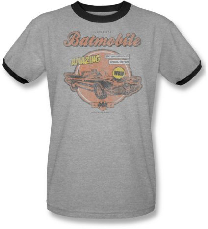 Batman - Herren Amzing Batmobile Ringer T-Shirt In Heather / Schwarz, Large, Heather/Black