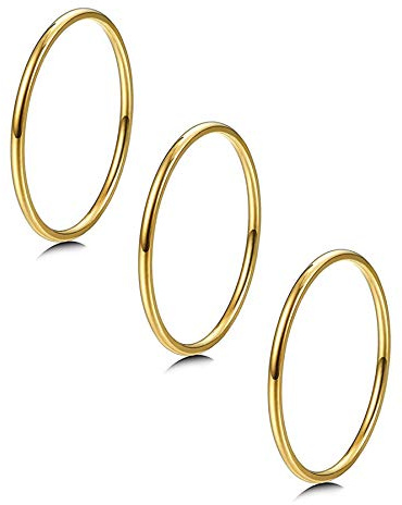 LOYALLOOK 3Pcs 1mm Thin 14K Gold Plated Stackable Rings For Women Non Tarnish Stainless Steel Plain Stacking Knuckle Thumb Pinky Statement Band Midi Rings Comfort Fit Size 7 Gold Tone