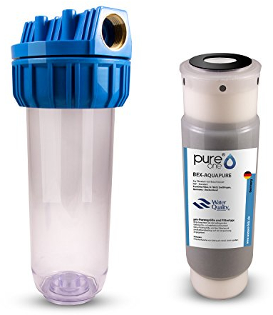 PureOne ACS1 Aktivkohle-Set. 1-Stufige Filteranlage. Chlor, Schadstoffe und Geschmack. Filtergehäuse mit Aktivkohle Filterkartusche. Für Regenwasser, Brunnenwasser, Zisterne. 10 Zoll Komplettset