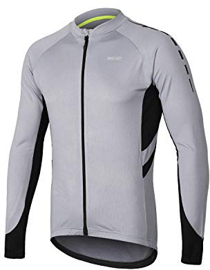 ARSUXEO Men's Cycling Jersey Long Sleeve Full Zipper Cycling Top with 3 Deep Pockets Bike Shirt 6030 Light Gray M