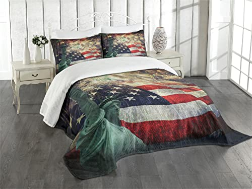 ABAKUHAUS Amerikanische Flagge Tagesdecke Set, Feuerwerke Juli 4, Set mit Kissenbezug Romantischer Stil, für Einzelbetten 170 x 220 cm, Mehrfarbig