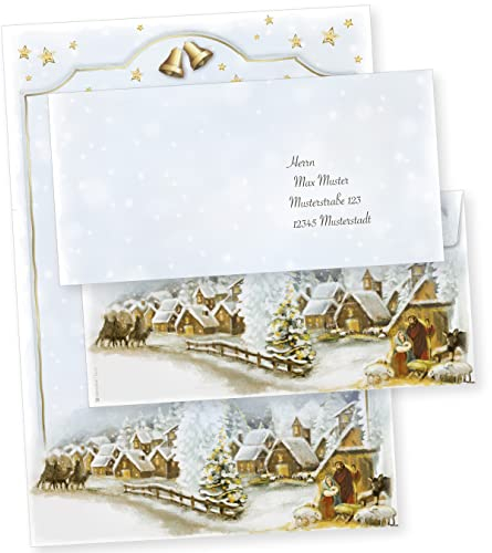 Weihnachtsdorf 500 Sets Christliches Weihnachtsbriefpapier mit Umschläge ohne Fenster Briefpapier Weihnachten kirchlich