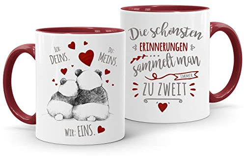 Moonworks® Kaffee-Tasse Panda Ich Deins Du Meins Wir Eins Liebes-Geschenk Liebesbeweis Geschenkidee Freund Freundin Die schönsten Erinnerungen bordeauxrot Keramik-Tasse