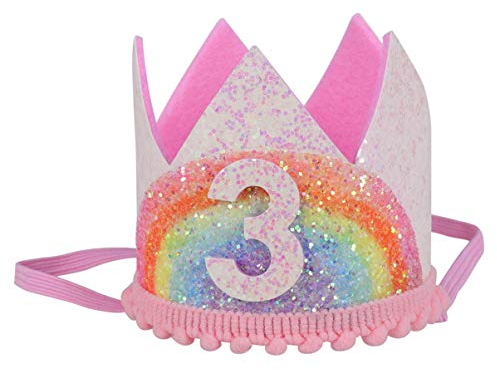 Amosfun Regenbogen 3-Geburtstagskrone Baby Prinzessin Krone Kopfband Party Hut Kleinkind Geburtstagsgeschenke Gefälligkeiten (Weiß Und Regenbogen, Rosa Spitze)