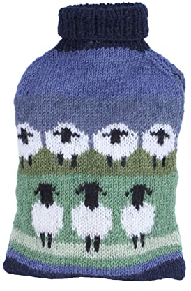 Pachamama Handknitted 100% Wool Hot Water Bottle Cover and 2 Litre Hot Water Bottle - Sheep Pattern Handmade Fair Trade Multicoloured Thermal