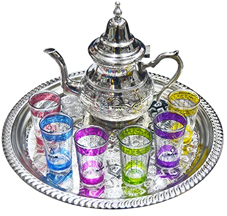 Juego de té marroquí completo. Tetera 750 ml bandeja 32 cm 6 vasos típicos de cristal