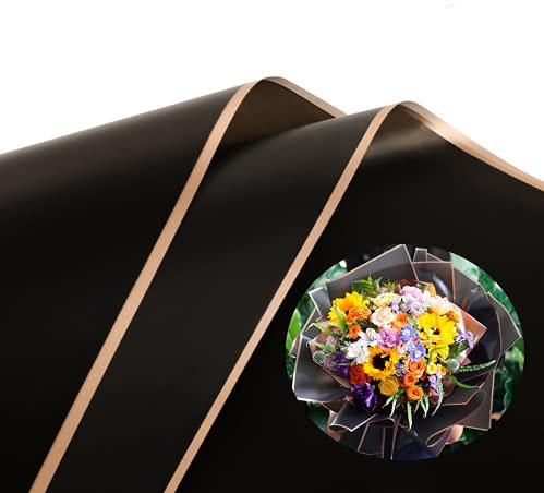 40 Counts Frische Blumen Geschenkpapier, Wraps Wasserdicht Blumen Geschenkpapier Blätter Frische Blumen Bouquet Geschenkverpackung Koreanischer Floristenbedarf, Goldrand 58 x 58 cm (Schwarz)