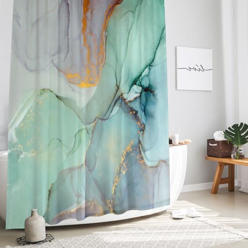 Gibelle Abstrakter Marmor-Duschvorhang, blau-grün-Violette Jade-Textur, Goldstreifen, Ombré-Aquarellfarbe, Moderne Tintenkunst-Dekor, wasserdichter Stoff-Duschvorhang für Badezimmer-Set mit Haken, 71
