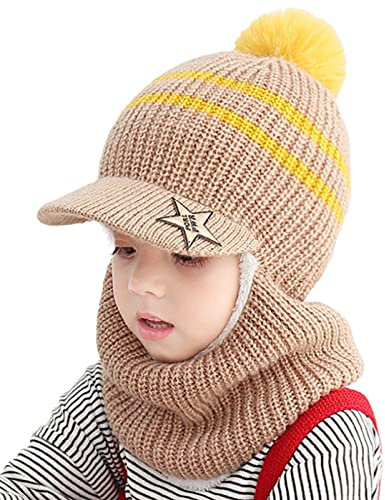 JFAN Cappello del Bambino Beanie Berretto Invernale a Maglia Bambini con Visiera Ragazzo e Ragazza Crochet Sciarpa Carino Warm cap Lana Multicolore Scialle caffè