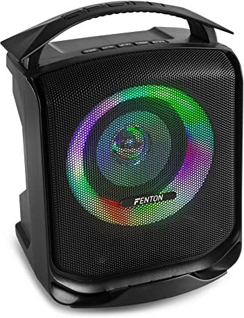 FENTON Sputnik 1, Altavoz Bluetooth Con Radio Pequeño Portátil, LED Party Con Batería, Bluetooth 5.0, Micro SD, USB, Radio FM, Luces, Asa de Transporte, Color Negro