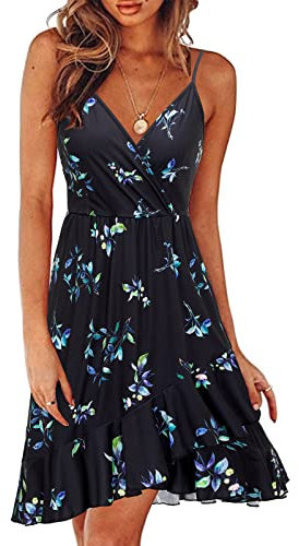 ULTRANICE Women's Summer Spring Dress 2023 Casual Floral Wrap V Neck Adjustable Spaghetti Ruffle Dresses(Floral-35,XL)