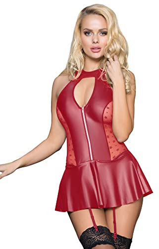 comeondear Lederkleid Damen XXL Sexy Latex Wetlook Strapsen Dessous Große Größen Rückenfrei Kunstleder Reizwäsche für Mollige Frauen Curvy Minikleid Negligee Partykleid Clubwear Rot,XXL