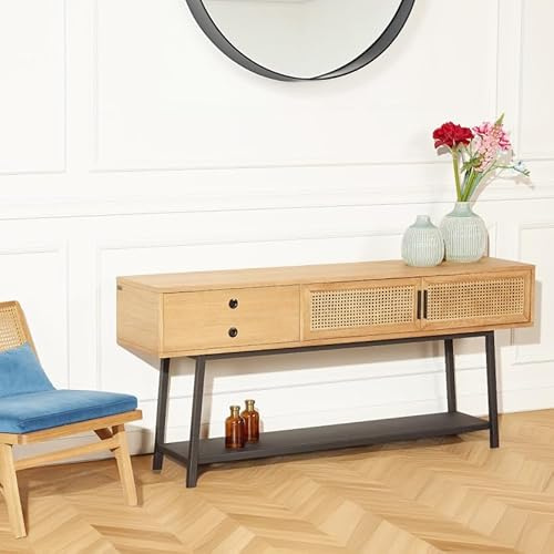 Robin des bois - LALALA : Console 2 Portes, 1 tiroir en chêne et cannage Teinte Claire