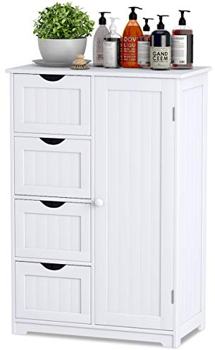 Multigot Bathroom Floor Cabinet, Freestanding Storage Organizer Unit with Adjustable Shelf, 1 Doors & 3/4 Drawers, Wooden Freestanding Cupboard for Entryway Kitchen Living Room(White, with 4 Drawer)