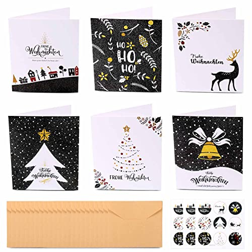 Weihnachtskarten Set, 24er Weihnachtskarten mit Umschlägen und Aufkleber Set, 6 Designs Klappkarten Weihnachten für Weihnachtsgrüße, Postkarten für Weihnachten (Grau und Multi)
