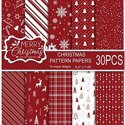 MIAHART 30 Blatt Frohe Weihnachten Musterpapier Set A4 Größe 10 Designs Festival Dekoratives Bastelpapier doppelseitig für Kartenherstellung Sammelalbum, Rot und Weiß