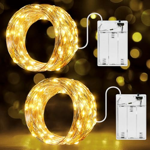 Ollny Guirlandes Lumineuse 2 Pièces, 10 m, 100 LED à Piles, Blanc Chaud | Deux Guirlandes de 10 m avec 100 LED Chacune, Fil de Cuivre Flexible, pour Chambre, Mariage, Fête, Intérieur et Extérieur