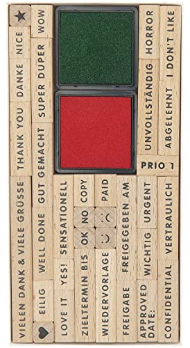 Rico Design 36-teiliges Stempelset mit 2 Stempelkissen, Holz, Rechteckig, Rubber Stamp Set, Stempel, für kreatives Gestalten von Karten, Fotoalben, Geschenkanhängern u.v.m.