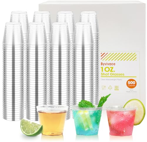 Byvivace 500counts 1OZ. Disposable Shot Glasses Clear Hard Plastic Shot Cups Mini Shot Glasses for Tequila, Whiskey, Vodka, Jello Shots, Liquor, 1Ounce Small Cup for Sauce, Dips, Shot Cups for Party
