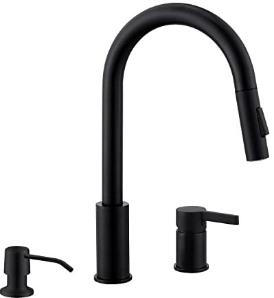KIRLYSTONE Grifo con rociador desplegable para fregadero de cocina de 3 agujeros, negro mate, grifo de cocina de 3 piezas con mango único lateral y dispensador de jabón