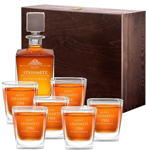 Maverton Whiskey Dekanter 810 ml + 6er Whisky Gläser Set mit Gravur - personalisiertes Whisky Karaffe Set für Männer - Glas Karaffe mit Gläsern für Whiskygenießer - Agent