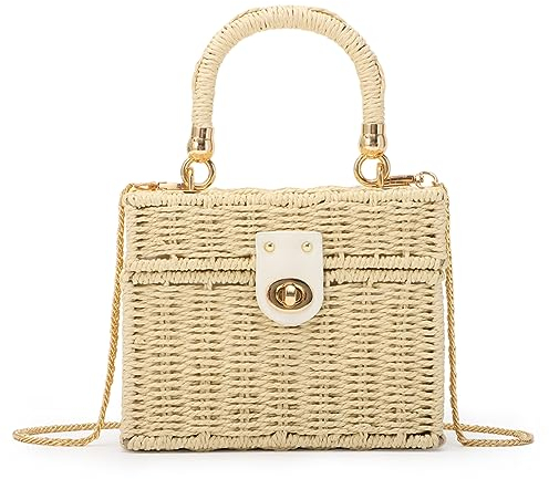 Fecialy Damen Handgewebte Rattan Handtasche Strand Stroh Tote Tasche Quadrat Umhängetasche Boho Crossbody Bag,Beige