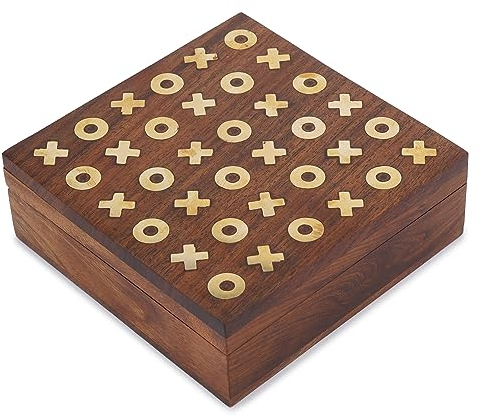 Ajuny Tic Tac Toe Brettspiele mit dekorativer Aufbewahrungs Box Holz und Messingeinlagen ideal für Kinder und Erwachsene Spiel für Couchtisch, Nacht, Familie, Outdoor-Reisen, einzigartige Geschenke
