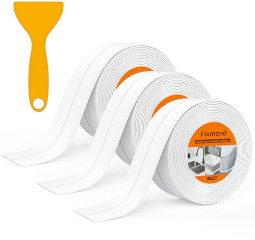 Fixmend 3 Rolls Bath Sealant Strip, Bathroom Sealant Tape Self Adhesive, Waterproof Caulk Strip for Bathroom, Kitchen, Bathtub, Toilet, Wall Floor, with Sealing Tool (126in, White)