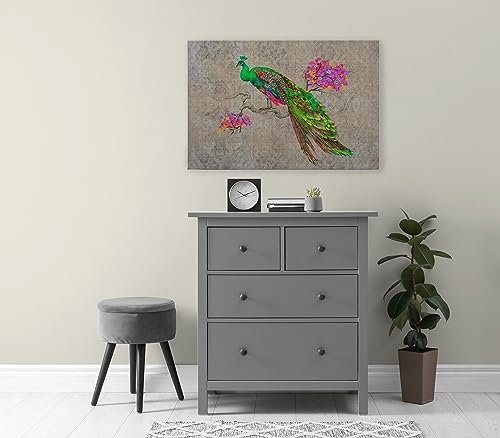 A.S. Création Leinwandbild Pfau Tiere - Kunstdruck grün beige - 90x60 cm Querformat - Moderne Wanddekoration Schlafzimmer Wohnzimmer Küche - Bild auf Keilrahmen