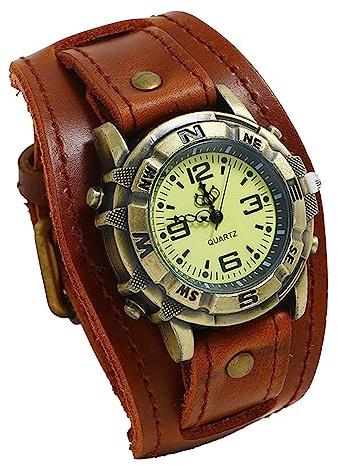 Silverora Herrenuhr Leder Herren Uhr: Punk Analog Quarz Armbanduhr Gotik Verstellbar Echt Lederarmband Uhren mit breite Manschetten Halloween Zubehör Geschenke für Männer Jungen