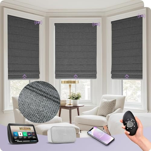 Graywind Customized Smart Roman Blinds Blackout, Rechargeable Motorized Window Blinds Compatible with Alexa Google, Remote Control Electric Roman Shades Plain Fold, Black