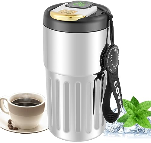 Eummy 450ml Travel Mug Insulated Coffee Mug with Temperature Display Double Walled Stainless Steel Thermal Mug Flask Portable Leakproof Vacuum Bottle Hot and Cold Drinks for Office (Silver Black)