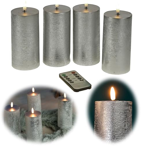 LS-LebenStil Exklusive 3D LED Stumpenkerzen 4´er Set Silber 15cm mit Timer Dimmer Fernbedienung flackernde Kerze bewegliche Flamme batteriebetrieben flammenlos Weihnachten Dek Hochzeit Advent Batterie