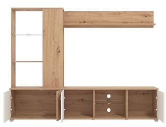 AVANTI TRENDSTORE - Canistro - Moderna parete da soggiorno in legno laminato in stile quercia artigianale e bianco lucido, perfetta per ogni salotto. Dimensioni: LAP 202x157x40 cm