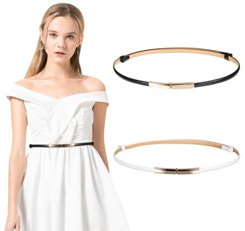 EUIOOVM Schmal Taillengürtel Damen, 2 Stück Skinny Dünner Ledergürtel, Modische Gürtel für Kleid mit Goldene Schnalle, Klassisch Dekorativen Taillengürtel Verstellbarer, Metallgürtel für Jeans