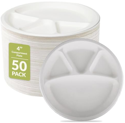 Strong Paper Plates, Disposable Plates, Compostable & Biodegradeable Plates - Super Rigid - Extra Strength - Premium Eco-Friendly Sugarcane (Round Plates, 11 inch - 4 Compartment - 50pcs)