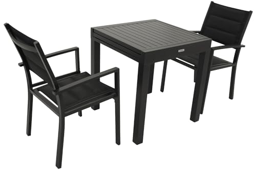 DEGAMO Gartengarnitur Alcudia 3-teilig, 2X Gartensessel aus Aluminium anthrazit und gepolstertem Textilgewebe in schwarz + 1x Ausziehtisch Aluminium 70/140x70cm, anthrazit