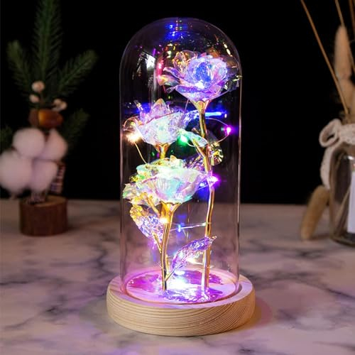 Glass Crystal Rose LED Flower Gifts, Beauty and the Beast Rose, Forever Galaxy Eternal Rose in Glass Dome, Valentines Day Gifts for Girlfriend, Gifts for Her Wife Mum Mother's Day Birthday